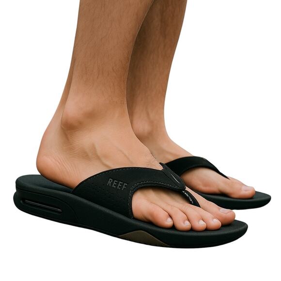 REEF Fanning Men’s Sandals – Black Flip Flops w/ Bottle Opener‎ – Size 12 - Picture 1 of 11